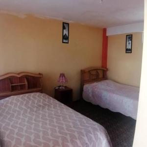 科帕卡巴纳阿雷格里港旅馆的卧室配有两张床,墙上挂有两张照片