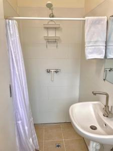 悉尼曼利邦克酒店的一间带水槽和淋浴帘的浴室