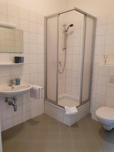 穆劳阿尔品穆劳酒店的带淋浴、卫生间和盥洗盆的浴室