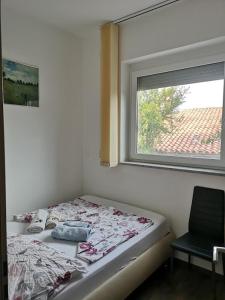 Gabrovica pri Črnem KaluAppartma Katja的一间卧室设有一张床、一个窗口和一把椅子