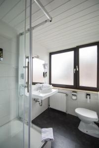 纽伦堡Hotel Avenue Altenfurt的浴室配有卫生间、盥洗盆和淋浴。
