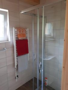 耶塞尼克Roubenka Strmá的玻璃门淋浴和红色毛巾