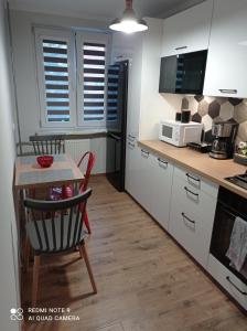 斯塔洛瓦沃拉Apartament na parterze的厨房配有小桌子和微波炉