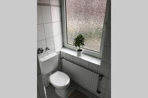 汉诺威Trade fair and business apartment - Hannover Messe的一间带卫生间的浴室和一个带植物的窗户