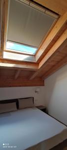 San BernardoHotel Albrici的窗户天花板的客房内的一张床位