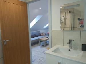 HargraveSwallows Retreat: A Country Loft Apartment的一间带水槽的浴室和一间带沙发的房间