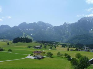阿布特瑙Apartement Obweghof Abtenau, Salzburger Land的绿色山谷,背景是群山