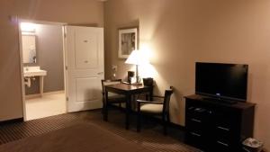 Three RiversAtria Inn & Suites的酒店客房配有书桌和电视,