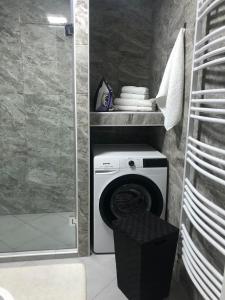 苏博蒂察Centrum的带淋浴的浴室内的洗衣机