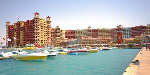 阿莱曼Porto Marina Resort & Spa Al Alamein的停泊在港口的一群船