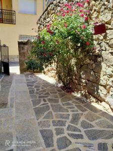 NavalacruzCasa Rural la Cancha II的石墙上花卉的石头走道