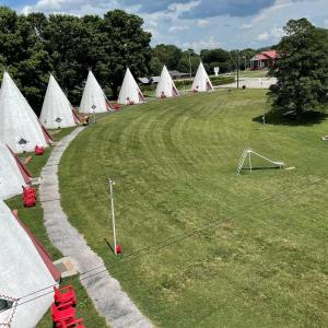 凯夫城Historic Wigwam Village No 2的草场上的一组白色帐篷