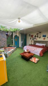 安巴托Cosmos Chill - Suite con jacuzzi y acuario的一间铺有绿色地毯的卧室,配有一张床和一张桌子