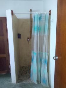 玛哈威Hostal Jardin的浴室内带窗帘的淋浴