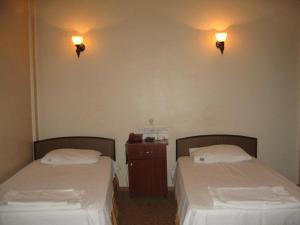 盖布泽阿塔萨雅安酒店的墙上灯的房间里设有两张床