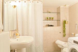 KaláthenaiΑρχοντικό στα Τοπόλια的浴室设有白色的淋浴帘和水槽