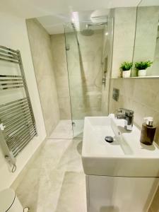 约克10 Bootham House - luxury city centre apartment with free parking for one car的白色的浴室设有水槽和淋浴。