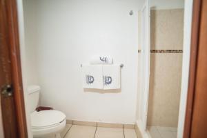 蓬塔米塔Hotel Meson de Mita的浴室设有卫生间和带毛巾的淋浴。