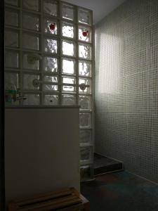 拉科鲁尼亚Millennium的浴室设有玻璃隔板窗户和架子