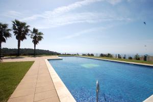 滨海托萨LETS HOLIDAYS Luxury house in cala llevado 2的一座棕榈树和海洋的大型游泳池