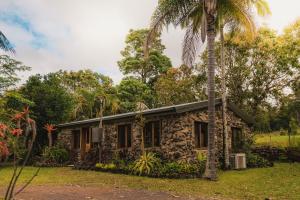 Palm GrovePalm Grove Rainforest Retreat的一座石头房子,前面有棕榈树