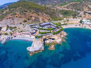 阿拉尼亚Club Porto Amore Hotel Adults Only的岩石岛上的度假胜地的空中景观