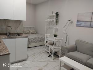 马德里Estudio 2 personas Wifi fácil acceso centro de Madrid的厨房以及带沙发和桌子的客厅。