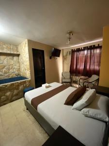 瓜亚基尔Hostal Bellagio的一间带大床的卧室和一间客厅
