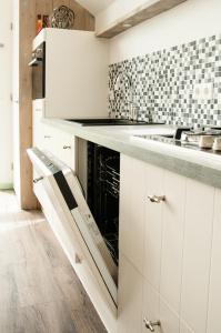 格罗宁根Beleef het Noorden的厨房配有白色橱柜和洗碗机。