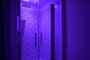 巴勒莫Barlaman Luxury Rooms的浴室设有玻璃淋浴间和紫色照明