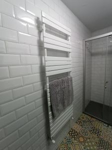 卡里翁德洛斯孔德斯Loft Carrión的带淋浴和毛巾的白色浴室