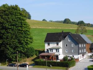 VolkholzPension Hofmann的绿色山丘前的白色大房子