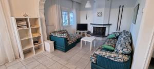 尼亚伊拉克利亚Villa Tikozidis的客厅设有两张沙发和一个壁炉