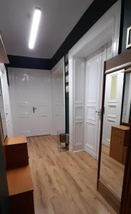 格利维采Apartament Kasztanowy的一间设有两扇白色门和木地板的客房