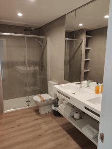 布尔戈斯拉斯特瑞安酒店的浴室配有卫生间、淋浴和盥洗盆。