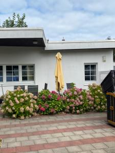 诺德奈Ferienhaus Thönnes的鲜花屋前的黄伞