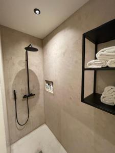 根特3 Room Luxury Design Apartment with Airconditioning, Close to Gent St-Pieters Station的带淋浴和墙上毛巾的浴室