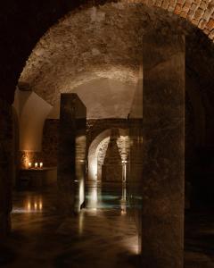 克拉科夫罗萨博得酒店的一间设有石墙和拱门的黑暗客房