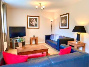 艾尔斯伯里Aylesbury Contractor & Staycation Home的客厅配有蓝色的沙发和电视