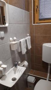 图兹拉Apartment and rooms"Tabašnice"Tuzla centar的浴室配有盥洗盆、卫生间和毛巾。