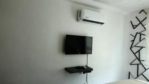 阿卡普尔科书屋迪亚曼特滨海公寓的墙上配有平面电视的房间