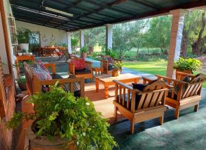 克拉多克Doornfontein Guest Farm的庭院配有木椅和桌子