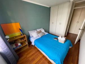 危地马拉Habitación cómoda y céntrica的一间设有蓝色床和白色橱柜的小卧室