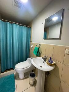 危地马拉Habitación cómoda y céntrica的一间带水槽、卫生间和镜子的浴室