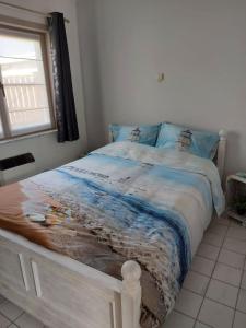 米德尔克尔克The Lighthouse的一间卧室配有一张带蓝色床单的床和一扇窗户。