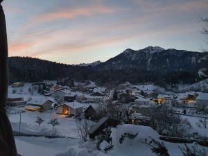 SchlinsDreamlandRanch Vorarlberg的被雪覆盖的村庄,背景是山
