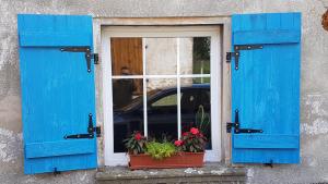 希隆斯克地区格雷富夫Dom O Niebieskich Okiennicach的窗户上装有蓝色百叶窗和鲜花的窗户