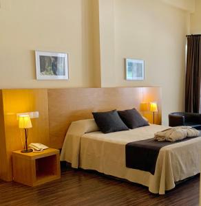 兰哈龙兰哈隆巴尔尼里奥酒店的酒店客房配有一张床和一张带台灯的桌子