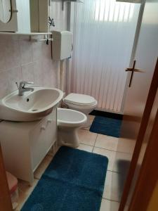 兰佩杜萨Casa Vacanze da Giuseppina的一间带水槽和卫生间的浴室以及蓝色地毯。