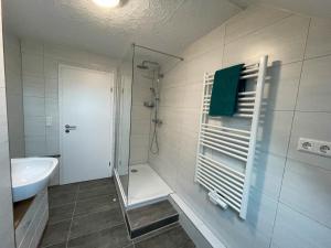 海尔布隆Boardinghouse Heilbronn的带淋浴和盥洗盆的浴室